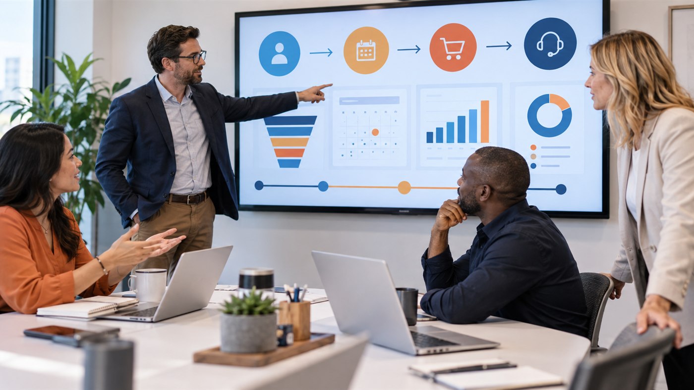 فريق متعدد الوظائف يراجع رحلة عميل مترابطة عبر CRM