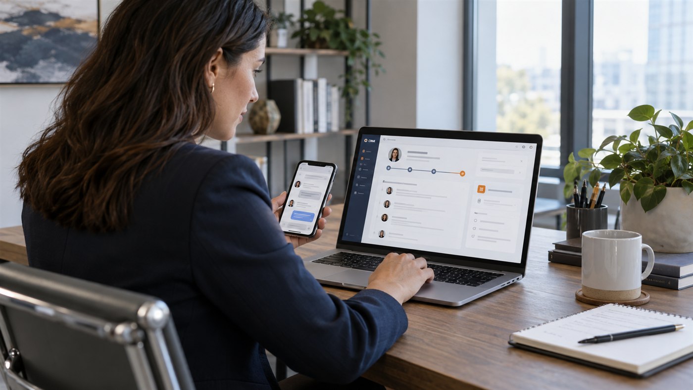 موظفة مبيعات تستخدم سجل عميل مترابطاً في CRM عبر الحاسوب والهاتف